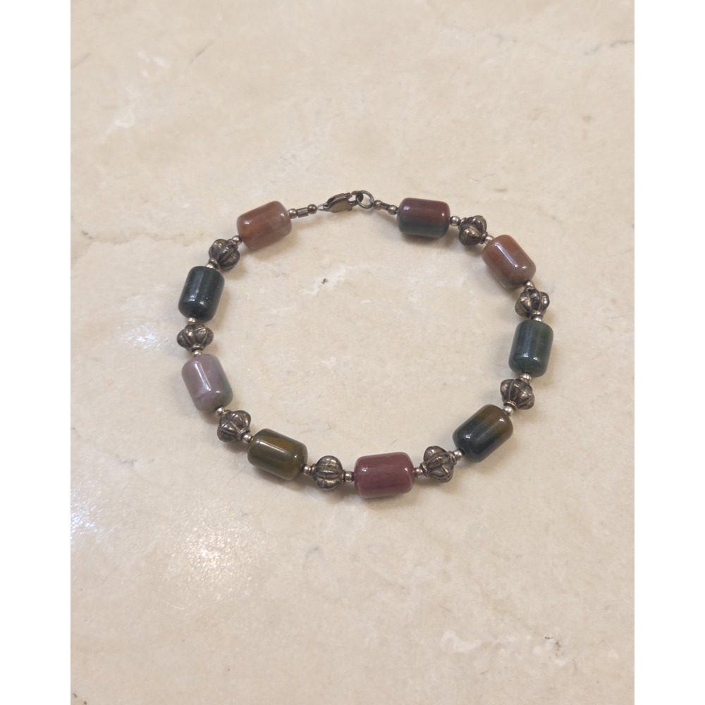 Vintage‎ Sterling Silver & Polished Muli Gemstone Bracelet 6.75"
